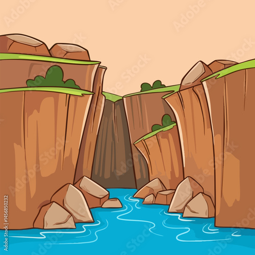 River flowing through a rocky canyon. Vector Image