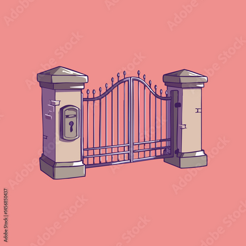 Ornate Metal Gate with Stone Pillars and Mailbox. Vector Image