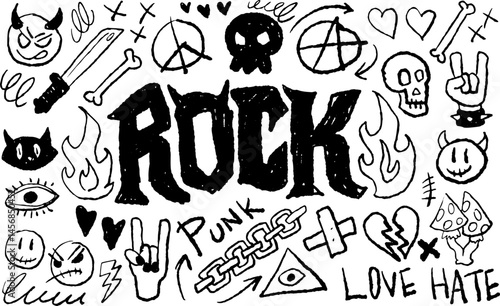 Rock and punk sketch illustration with grunge elements. Hand-drawn music icons and rebellious vibes.