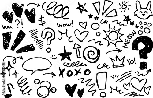 Doodle sketch set with music, love, stars, hearts and fun hand drawn elements. Perfect for creative design and decoration.
