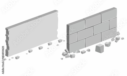 Isometric Damaged Concrete and Brick Walls. Vector Image