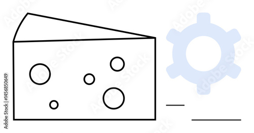 Cheese wedge with circular holes alongside a gear mechanism symbolizes fault analysis, collaboration, optimization, or systematic problem-solving. Ideal for manufacturing, teamwork, process