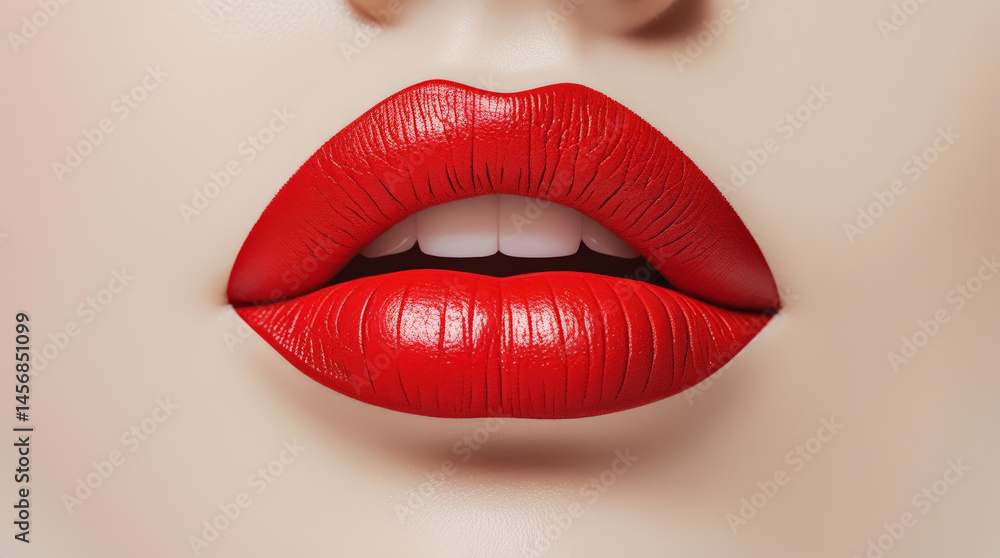 Close-up of red lipstick on glossy lips for creative design projects. Close-up of red lipstick on glossy lips for creative design projects.
