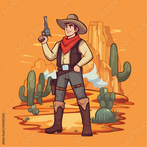 Cowboy with Revolver in Desert Landscape. Vector Image