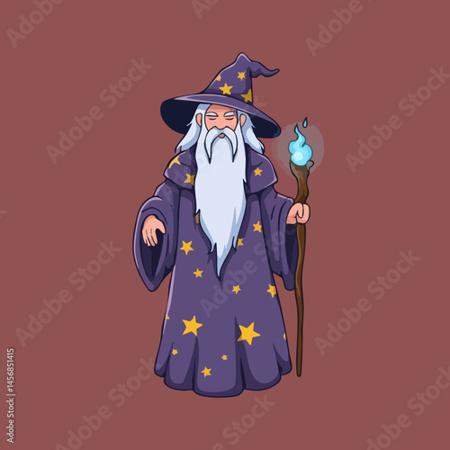 Cartoon Wizard with Staff and Pointed Hat. Vector Image