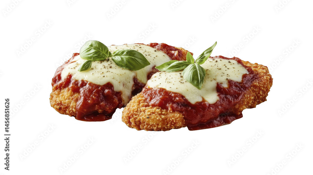 Obraz premium Two crispy breaded cutlets topped with marinara, mozzarella, and basil leaves, presented in a delectable culinary arrangement on a transparent background, PNG image, PNG file.