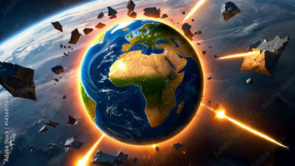 Earth Impacted by Asteroids in Apocalyptic Outer Space Scene