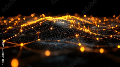 Abstract network of interconnected luminous points on a dark surface