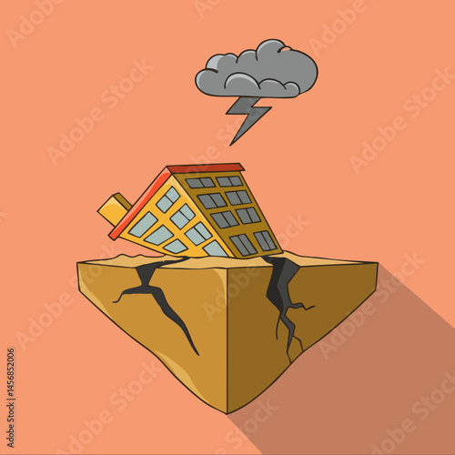 Building Collapsing into Earthquake Crack with Lightning Storm. Vector Image