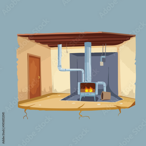 Basement Room with Wood Burning Stove and Pipes. Vector Image