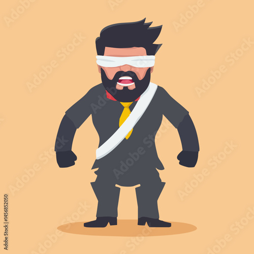Blindfolded Businessman with Injured Arm and Angry Expression. Vector Image