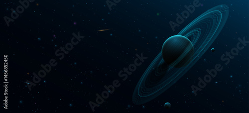 3D Planet Saturn with ring around and other planets. Cosmic science background. Abstract starry sky with comets. Solar system concept. Scientific presentation backdrop. Vector illustration