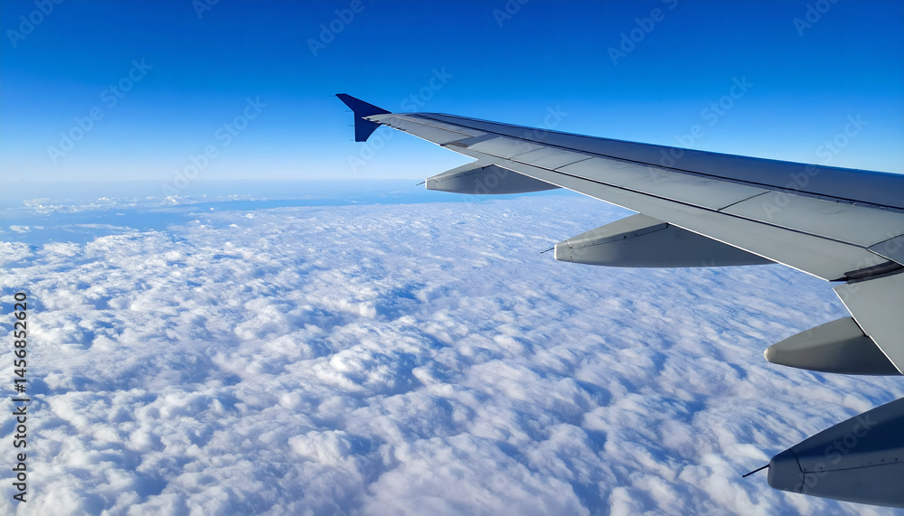 Airplane wing above fluffy white clouds against deep blue sky backdrop. Airplane wing above fluffy white clouds against deep blue sky backdrop.