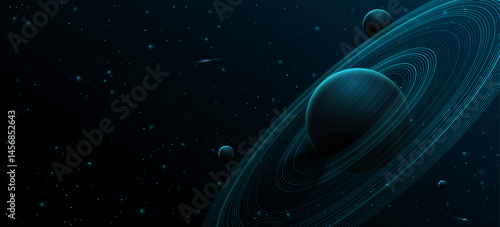 Universe science background. 3D Planet Saturn with ring around and swirling other planets. Abstract starry sky. Solar system concept. Scientific presentation backdrop. Vector illustration