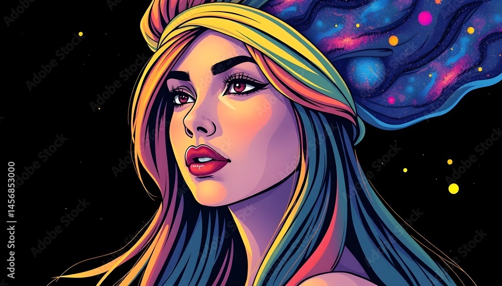 Naklejka premium Vibrant portrait of a dreamy woman digital art cosmic background colorful vibes