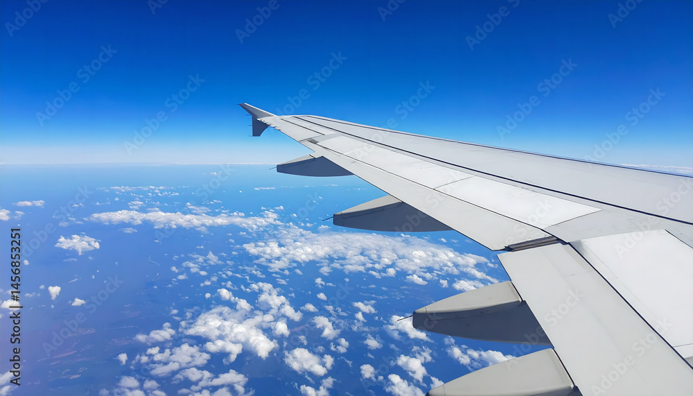 Obraz premium Airplane wing view above clouds with vibrant blue sky. Travel concept.