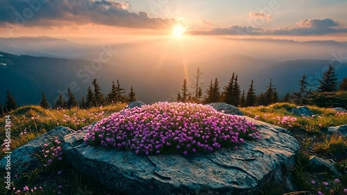 Majestic mountaintop vista at sunset.  A profusion of purple wildflowers adorns a large rock