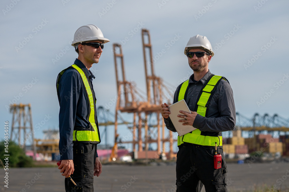 Industrial engineer workers operations marine port cranes loading and unloading of cargo ships global trade and supply chain import export environment monitoring responsible global economy.