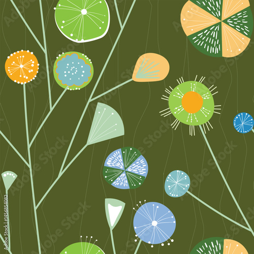 Seamless floral pattern based on traditional folk art ornaments. Colorful flowers on color background. Scandinavian style. Sweden nordic style. Vector illustration. Simple minimalistic pattern.