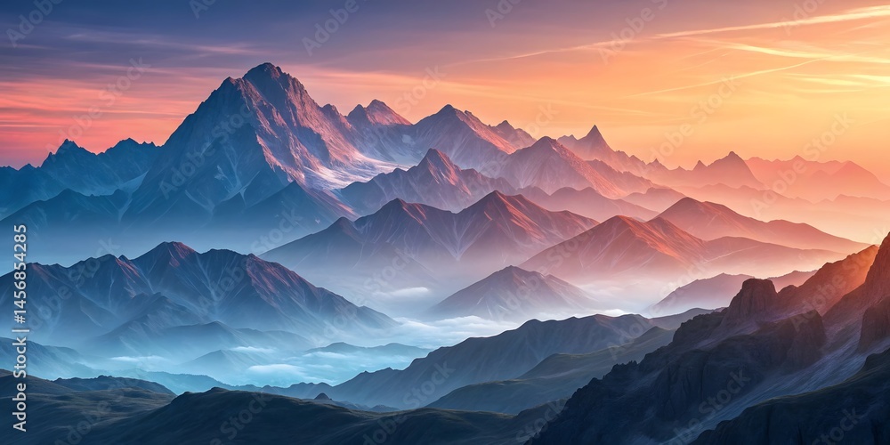 Obraz premium Majestic Sunrise Over Layered Mountains,APanoramic View Of Serene Beauty And Tranquil Atmosphere In Nature.Breathtaking Colors At Dawn