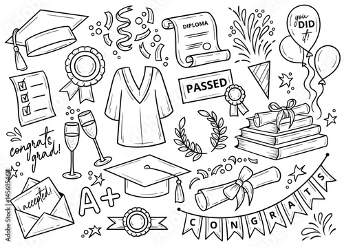 Graduation elements isolated clip art, black and white line art cute drawings, doodles detailed illustration, hand drawn grad stickers outline drawings, tattoo doodle illustration sketch contours