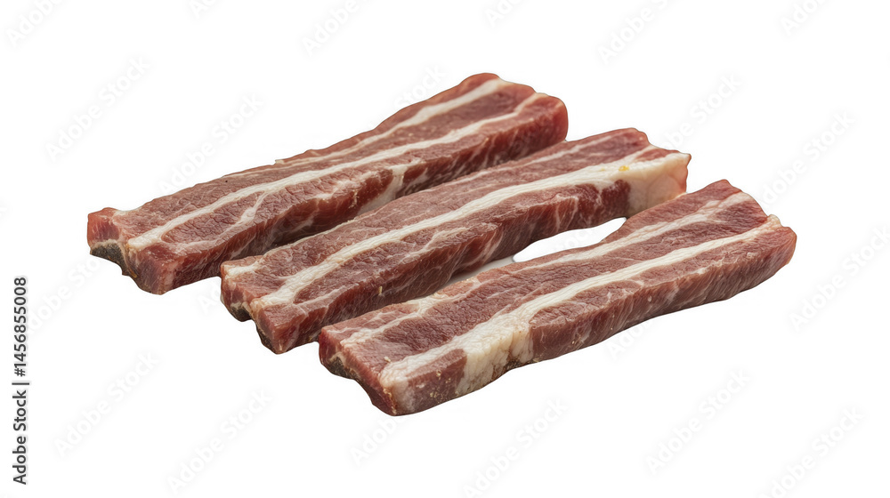 Three raw strips of short ribs, showing the marbling and texture of the meat, arranged at an angle. on a transparent background, PNG image, PNG file. Three raw strips of short ribs, showing the marbling and texture of the meat, arranged at an angle. on a transparent background, PNG image, PNG file.