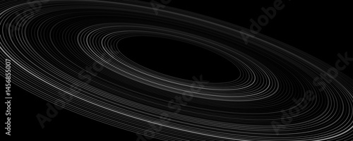Minimalistic abstract backdrop. Concentric rings into black outer space. Black hole concept with ring around and stars. Astronomy presentation cover. Vector illustration