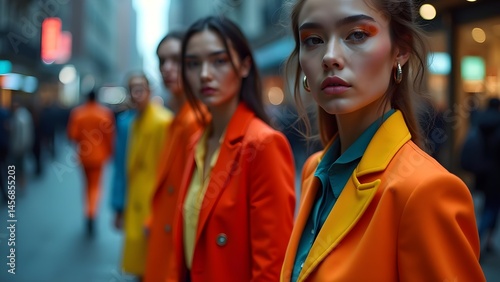 Stylish Women in Bright Fashion Blazers on City Street: Modern Glamour and Urban Vogue