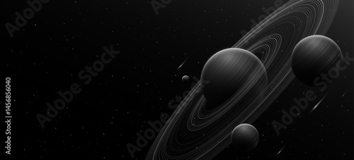 Cosmic science background. Abstract planet Saturn with ring around and swirling other planets. Night starry sky. Solar system concept. Scientific presentation backdrop. Vector illustration
