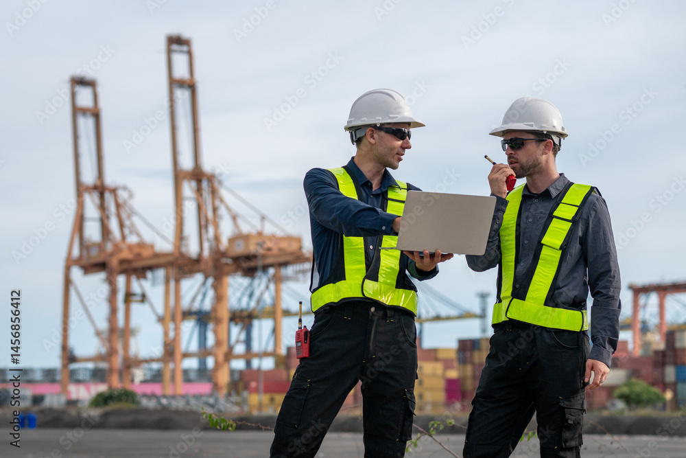 Industrial engineer workers operations marine port cranes loading and unloading of cargo ships global trade and supply chain import export environment monitoring responsible global economy. Industrial engineer workers operations marine port cranes loading and unloading of cargo ships global trade and supply chain import export environment monitoring responsible global economy.