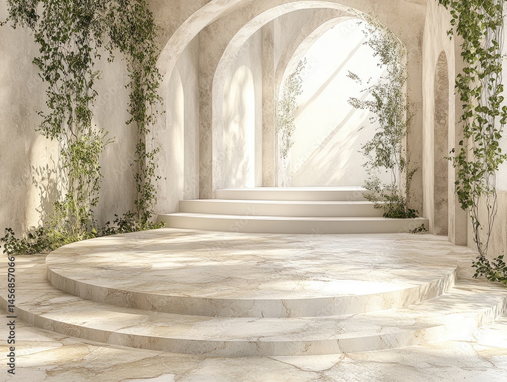 Fototapeta premium A beige, stone podium with archways and plants.