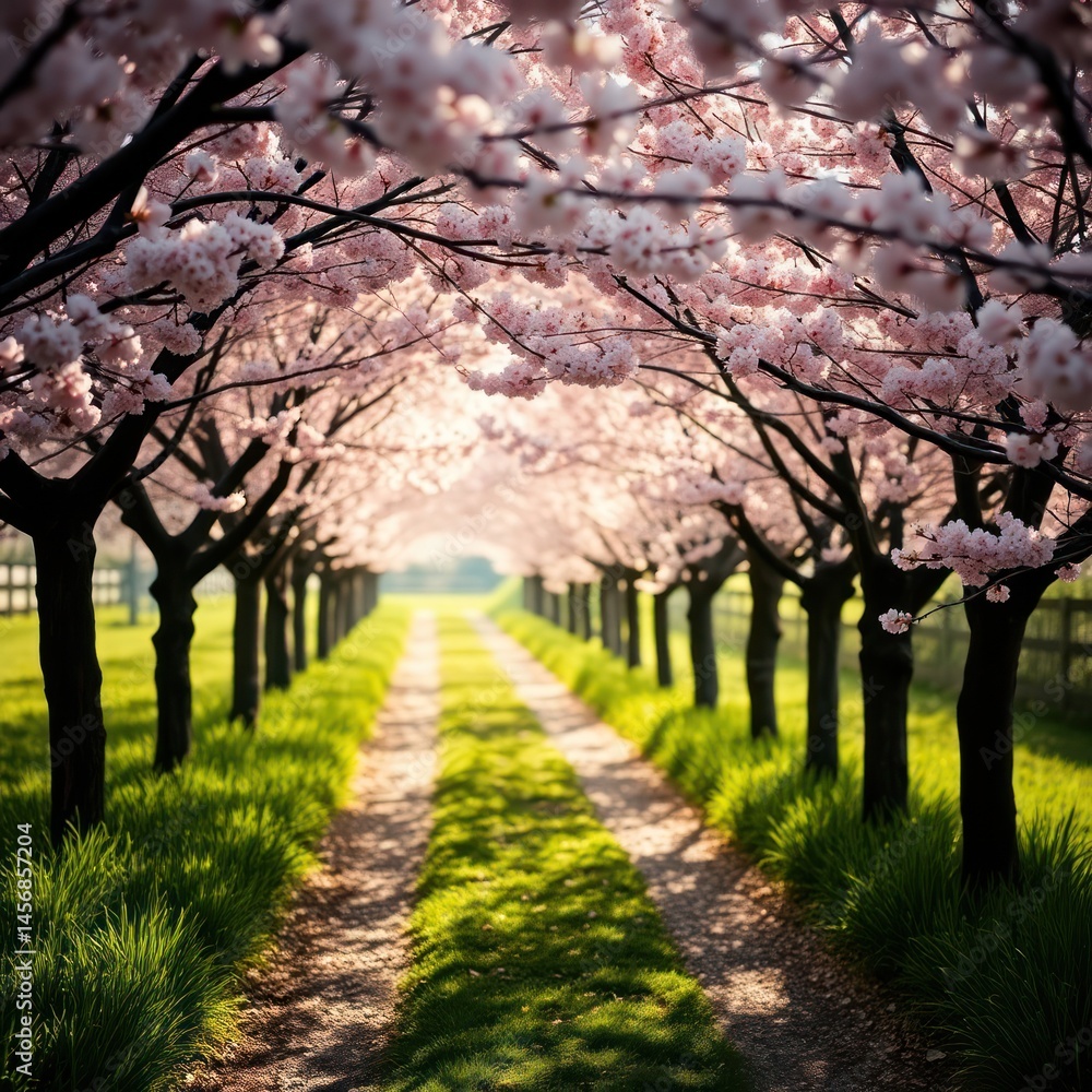 Naklejka premium Sunlit path through blossoming cherry trees.