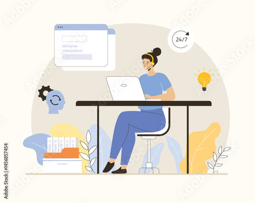 Customer service. Online technical support. Hotline operator woman advises a customer through a laptop. Flat vector illustration.	
