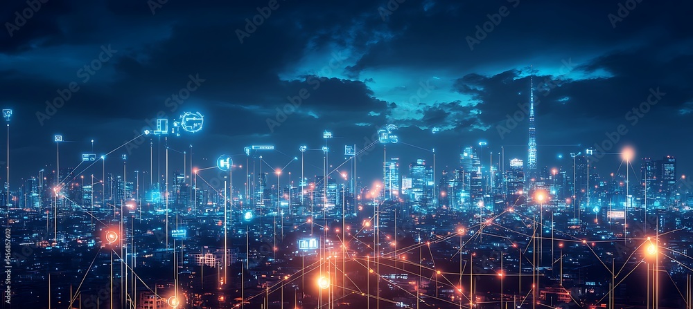Obraz premium Futuristic Smart Grid Background Featuring Interconnected Energy Devices With Advanced Cloud Integration and Digital Connectivity Systems