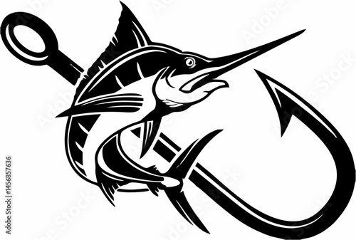 Sword fish with crossed fishing hooks design