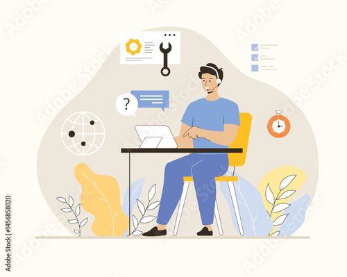 Call center, technical support. Customer service. Hotline operator man consult customer with headsets on tablet. Flat vector illustration.	
