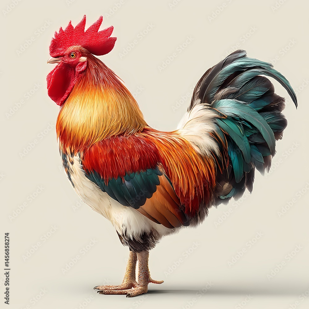 Fototapeta premium Majestic Rooster Vibrant Feathers and Regal Stance isolated on white Background