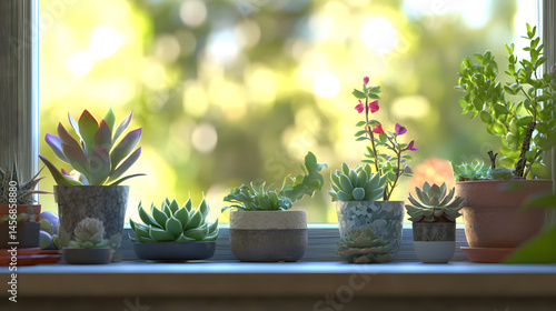 Wallpaper Mural Serene Succulent Arrangement: An artful arrangement of various succulent plants in diverse pots, gracefully positioned on a sun-drenched windowsill, exuding tranquility and the simple joys of nature. Torontodigital.ca