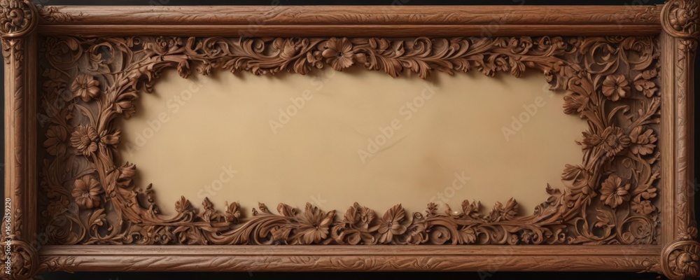 Obraz premium Deeply carved wooden frame, floral motifs, ancient scroll within , leaves, detail