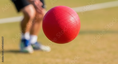 Red rubber dodgeball in mid-air on green grass field with person in motion