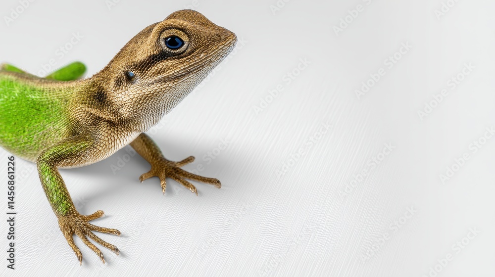 Fototapeta premium A vibrant green and brown lizard with striking eyes poses on a clean white background showcasing its detailed scales and textured skin in a close-up studio shot.