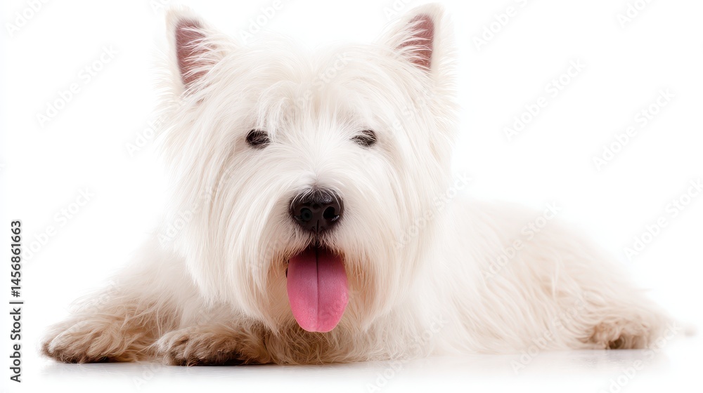 An adorable West Highland White Terrier puppy lies down on a white background panting happily with its tongue out showcasing its fluffy white coat and cute expression. An adorable West Highland White Terrier puppy lies down on a white background panting happily with its tongue out showcasing its fluffy white coat and cute expression.