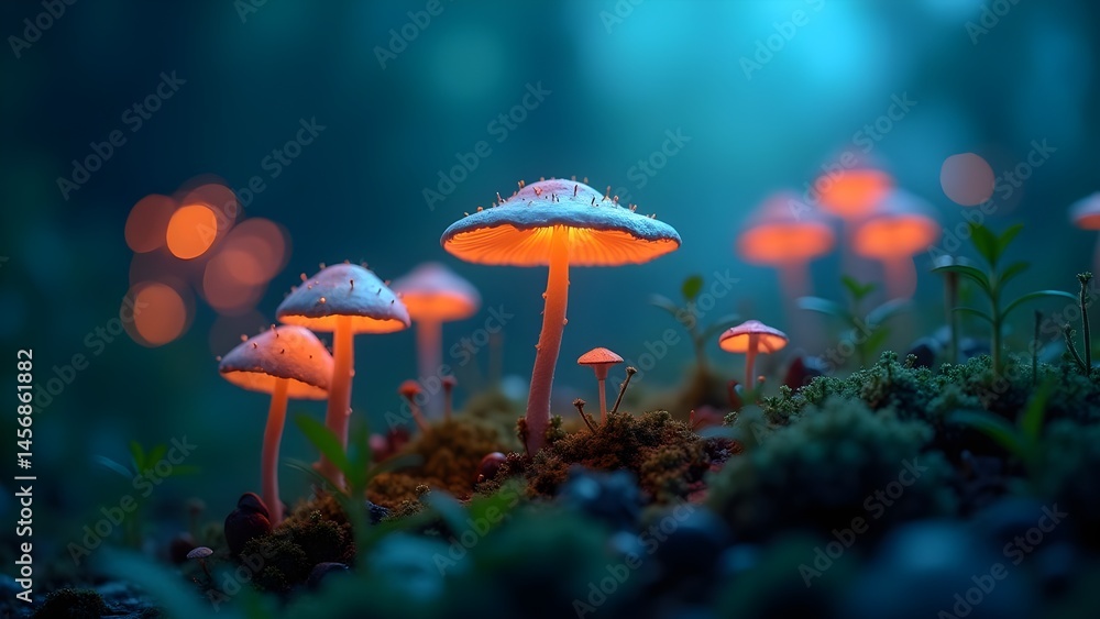 Fototapeta premium Illuminated Mushrooms in a Mysterious Forest: Bioluminescent Fungi in a Dreamy, Enchanted Setting