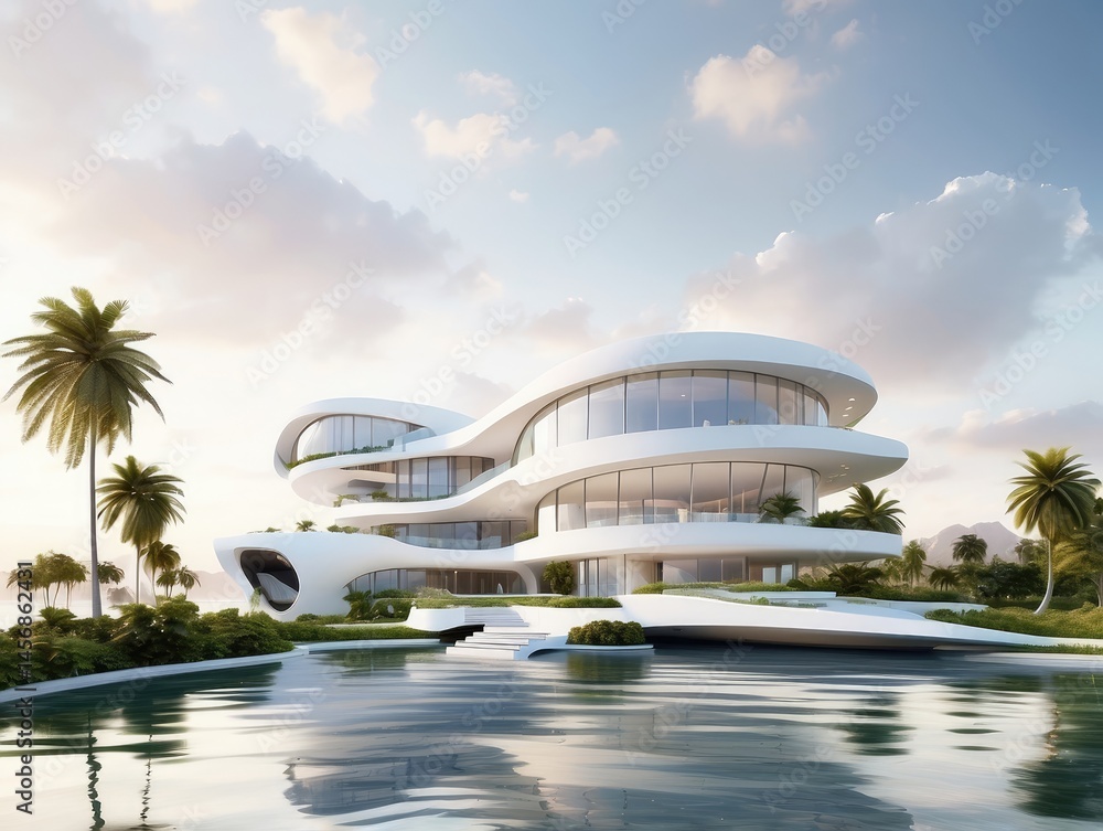 Obraz premium Futuristic 3D render of an abstract architectural building with organic curves and wavy lines, featuring glass and glossy plastic materials, set against a backdrop of palm trees and skyscrapers.