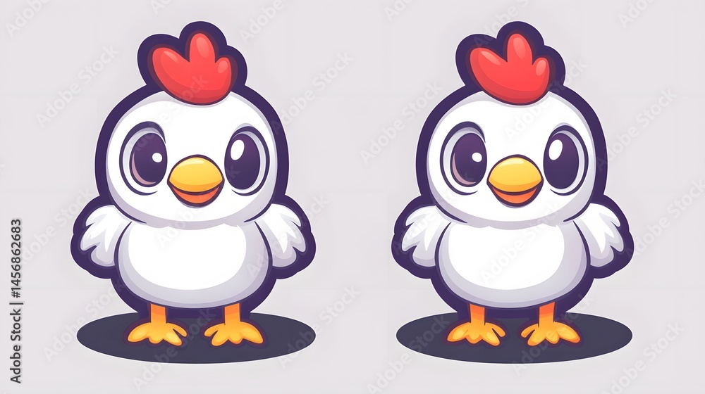 Fototapeta premium Two cartoon chickens facing front, presented in a graphic style.