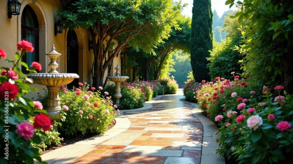 Fototapeta premium Serene Pathway Through a Lush Garden Featuring Ornamental Fountains and Blooming Roses