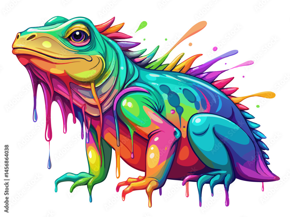 Fototapeta premium Vibrant Rainbow Iguana in Paint Splatter Style