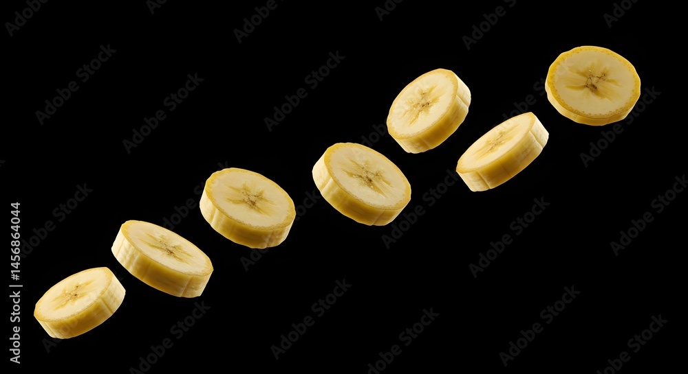 banana slices flying diagonally in motion, with natural light reflections and slight blur for realism, black background
banana slices flying diagonally in motion, with natural light reflections and slight blur for realism, black background