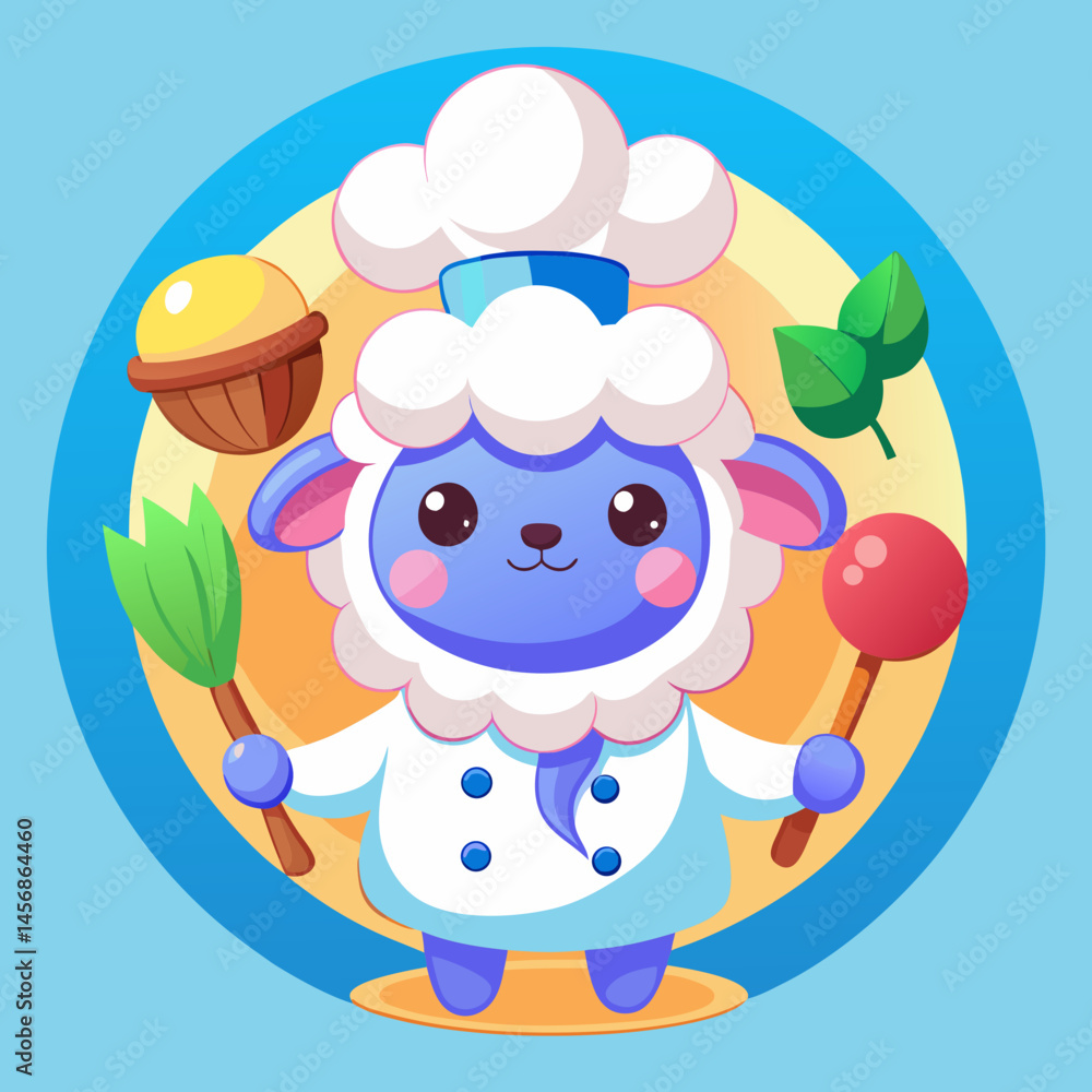 Obraz premium Cute Cartoon Chef Sheep with Pastry Ingredients