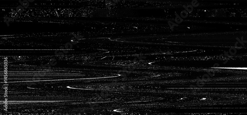 Film grain and tv noise effects create a textured background with dynamic patterns and varying contrasts reminiscent of retro media aesthetics.